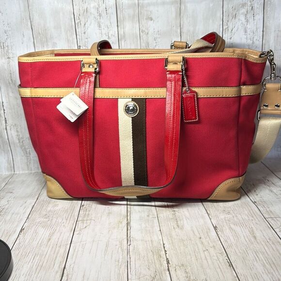 COACH Voyager Red Canvas Weekend Diaper Bag Crossbody Tote Purse NEW $398 - Picture 1 of 10